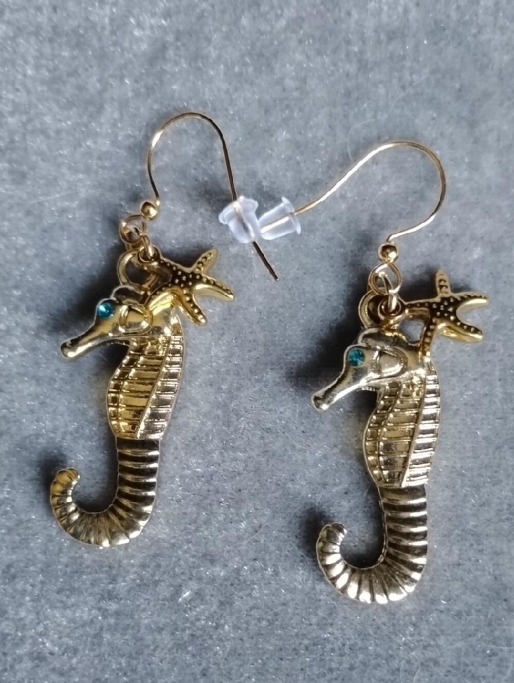 Gold Seahorse Earrings with Turquoise Accent - Picture 5 of 6